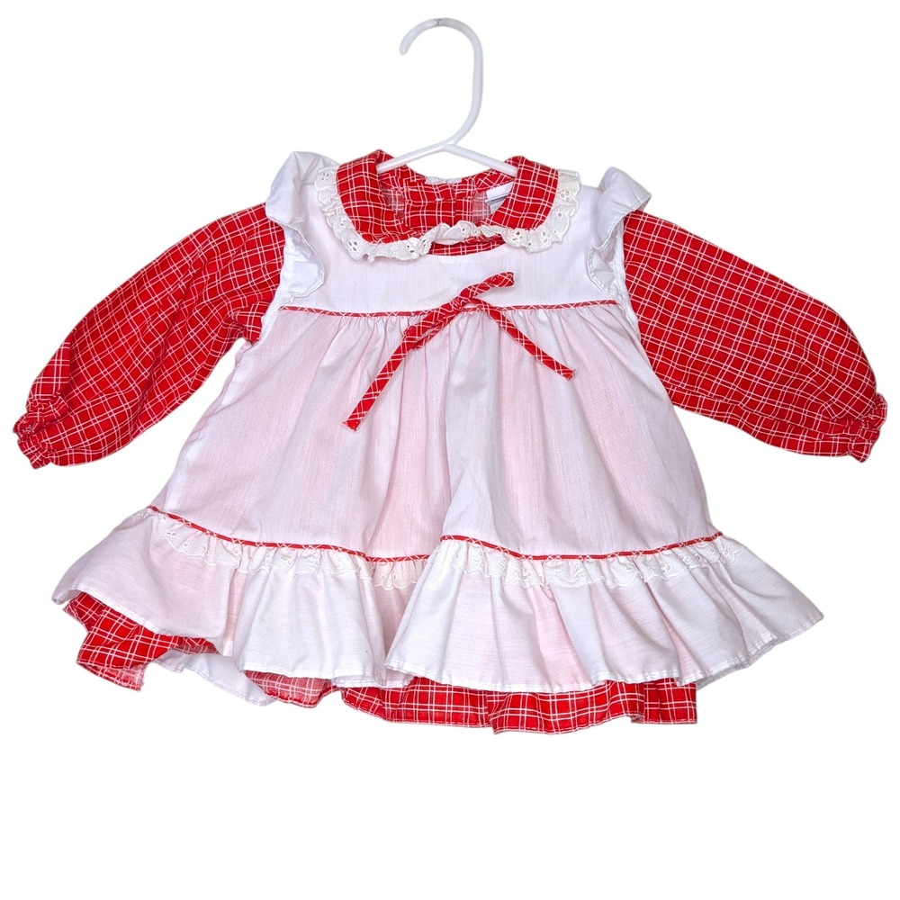 Alexis VTG Baby Girl Dress Pinafore Size 6M Plaid Ruffle Eyelet Collar Red 80s